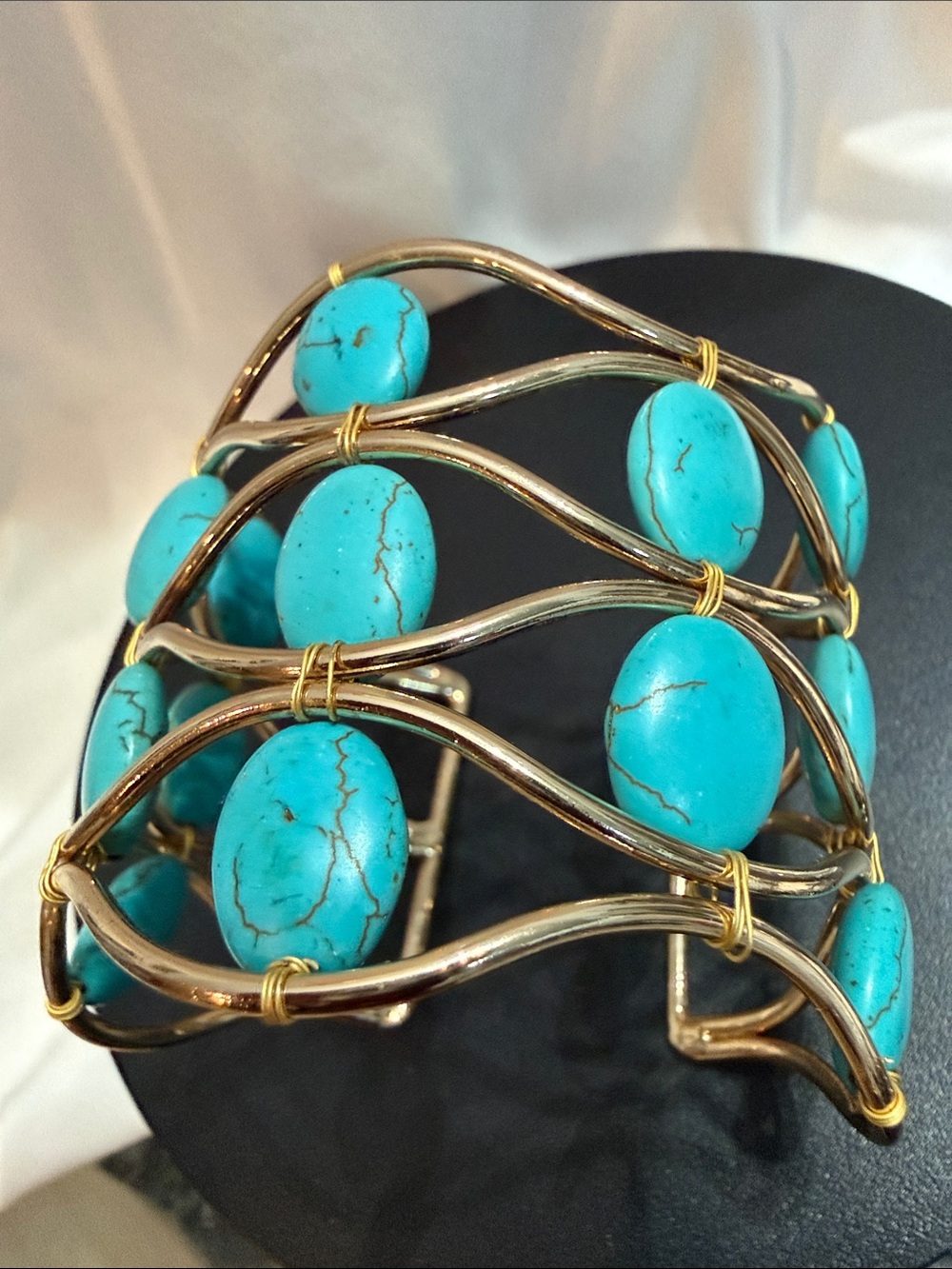 Boho Turquoise Gold Wire Wide Cuff Bracelet